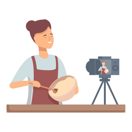 Smiling woman filming a cooking show for her digital camera in her modern kitchen. Creating content for her online tutorial vlogging channel. Mixing ingredients in a bowl with a wooden spoonのイラスト素材