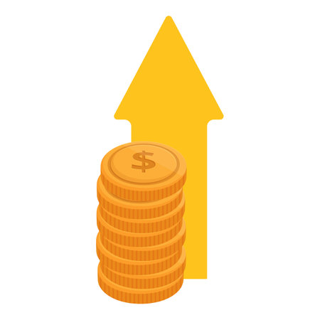 3d isometric illustration of gold coins stack with upward arrow symbolizing increase in wealthのイラスト素材