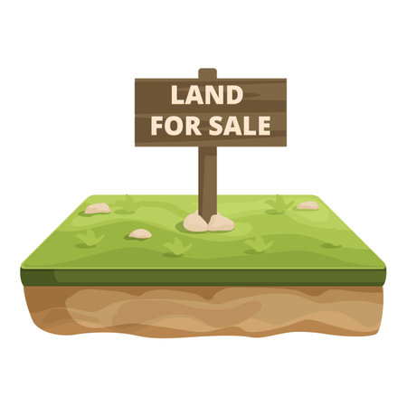 Isometric illustration of a grassy land plot with a wooden land for sale signのイラスト素材