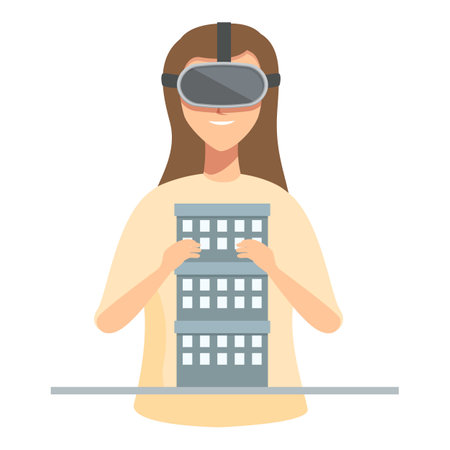 Stylized illustration of a woman using a vr headset to interact with a building modelのイラスト素材