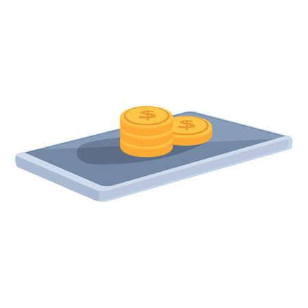 Digital illustration of two golden coins on a mobile phones screen, symbolizing mobile transactionsのイラスト素材