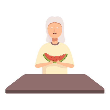 Smiling woman with a slice of fresh watermelon, sitting at a simple tableのイラスト素材