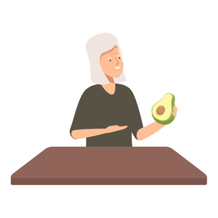 Cheerful senior woman holding a ripe avocado, standing by a kitchen counter, promoting healthy eatingのイラスト素材