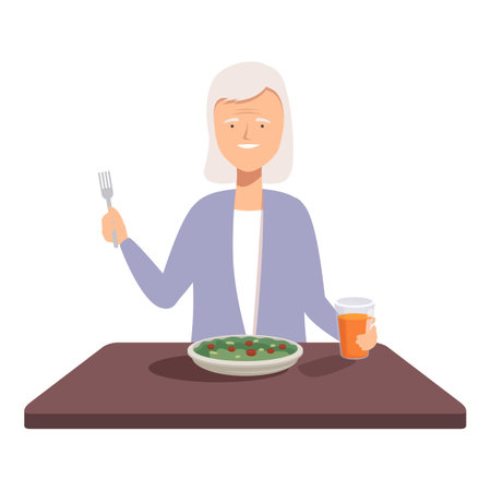 Illustration of an elderly woman smiling while holding a fork and a drink, ready to dineのイラスト素材