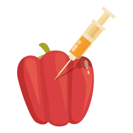 Vector graphic of a syringe injecting into a red bell pepper, symbolizing gmoのイラスト素材