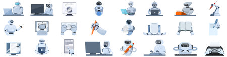 Robot-writer vector. A collection of robot characters with various jobs and tasks. Some are writing, others are typing, and some are using a computerのイラスト素材