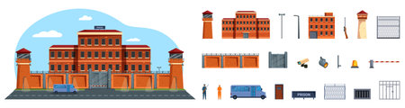 Prison building vector. A series of images of a prison building and its surroundings. Scene is serious and somberのイラスト素材