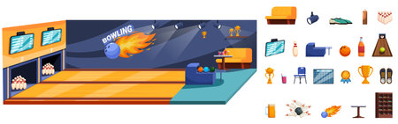 Bowling club interior vector. A bowling alley with a fire ball in the air. The bowling alley has a TV and a barのイラスト素材