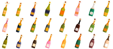 Champagne explosion vector. A row of colorful bottles of champagne, including some that are pink and green. The bottles are arranged in a grid, with some bottles overlapping each other. Scene is cheerful and celebratoryのイラスト素材