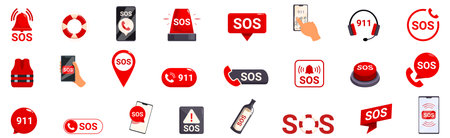 Sos sign vector. A collection of icons for the SOS button, including a cell phone, a bottle, a red SOS button, and a red SOS signのイラスト素材