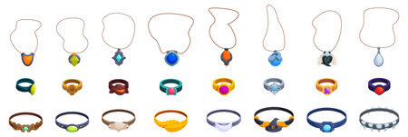 Witch jewelry vector. A collection of necklaces and rings are shown in a row. The necklaces are of various sizes and colors, and the rings are also of different sizes and colors. Scene is one of variety and diversityのイラスト素材