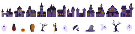 Old castle ghosts vector. A row of houses with a Halloween theme. The houses are decorated with ghosts, witches, and pumpkinsのイラスト素材