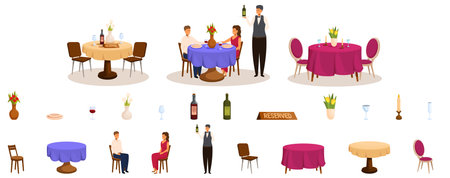 Restaurant table served romantic dating vector. A series of images of a restaurant with a man in a vest serving food. The man is wearing a tie and is standing behind a table. The table has a vase and a wine bottle on itのイラスト素材