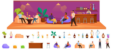 People shisha bar vector. A cartoonish drawing of a bar with people sitting in couches and chairs. Scene is relaxed and socialのイラスト素材