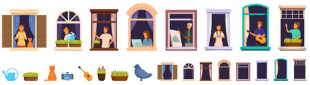 Window neighbor vector. A series of windows with people in them, some are playing instruments, others are working on laptops, and some are just relaxingのイラスト素材