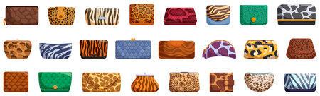 Animal print wallets vector. A collection of purses with animal prints. Some are green, some are brown, and some are blueのイラスト素材
