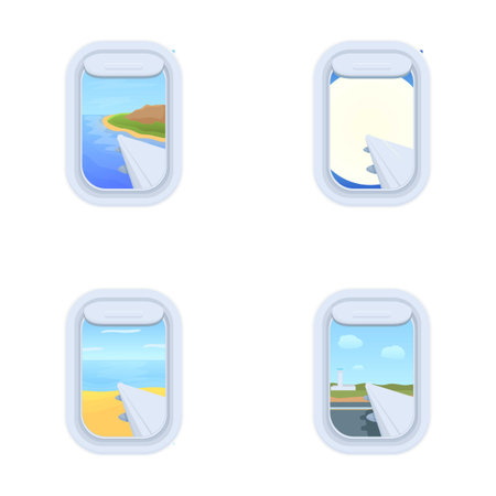 Collection of four airplane window views illustrating different landscapesのイラスト素材