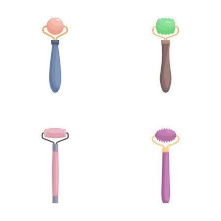 Collection of four colorful baby rattles in a flat design style, suitable for babythemed projectsのイラスト素材