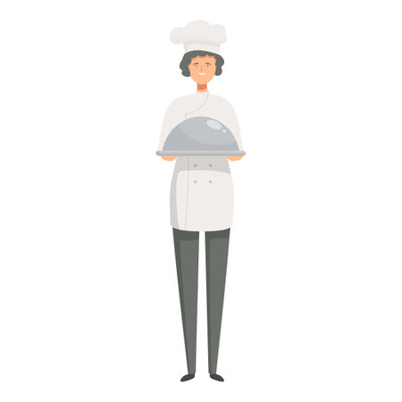 Illustration of a confident chef in uniform, holding a covered serving platterのイラスト素材