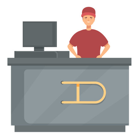 Vector of a young man with cap standing at an info counter with computerのイラスト素材