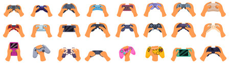 Gamer hands console controller icons set vector. A hand holding a game controller with a pink...