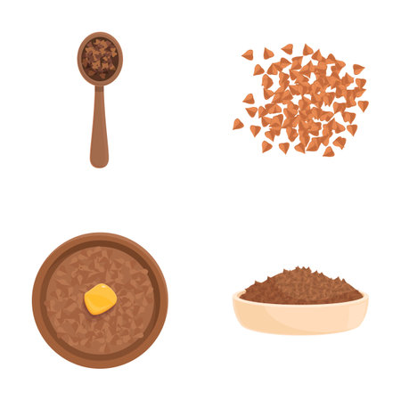 Assorted buckwheat food illustrations in vector format for healthy. Glutenfree. And vegetarian breakfast and meal design. Featuring raw and cooked grain. Groats. Porridge. Kashaのイラスト素材