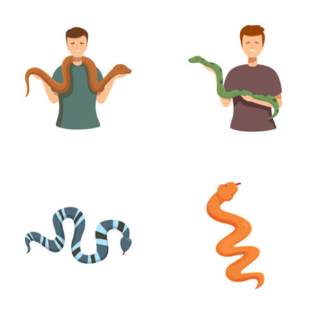 Collection of colorful, friendly cartoon illustrations featuring individuals holding snakes and different serpent typesのイラスト素材