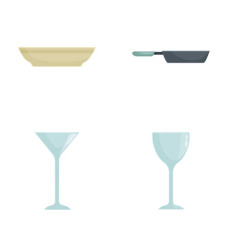 Set of four icons depicting a pie dish, frying pan, and two different types of wine glassesのイラスト素材