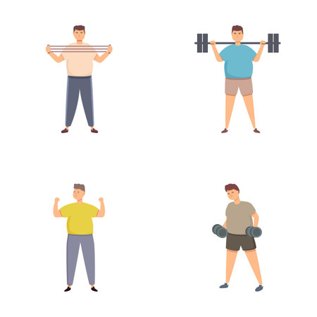 Collection of illustrations showcasing men in different poses lifting weights, depicting strength and fitness routinesのイラスト素材