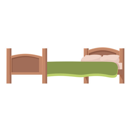 Wooden double bed with a green blanket and two pillows is depicted on a white backgroundのイラスト素材