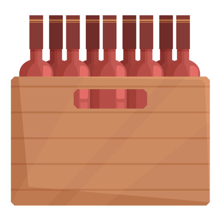 Wooden crate holding ten wine bottles with brown tops is ready for shipmentのイラスト素材