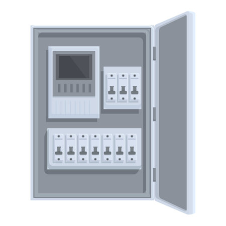 Open electrical panel showing circuit breakers and a meter is being serviced by an electricianのイラスト素材