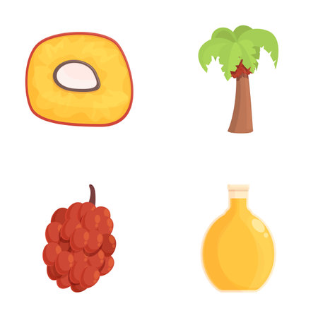 Colorful set of tropical icons featuring a ripe mango, palm tree, red grapes, and a bottle of oilのイラスト素材