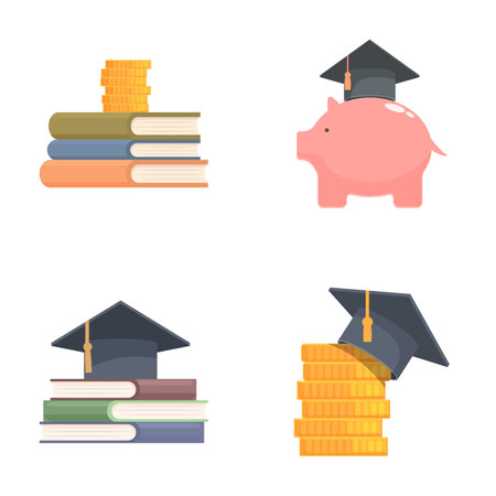 Illustrations of education investment concept with savings. Books. Graduation cap. Piggy bank. Coins. Financial literacy. College fund. Tuition cost. School money. Learning. Future planning. Budgetingのイラスト素材