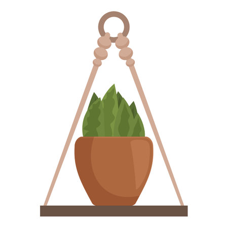 Green home plant is hanging from the ceiling with macrame on a wooden shelfのイラスト素材