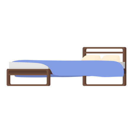 Modern wooden bed with a blue blanket and two pillows is standing in an empty roomのイラスト素材