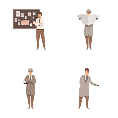 Collection of cartoon detectives with a variety of poses and investigative actionsのイラスト素材