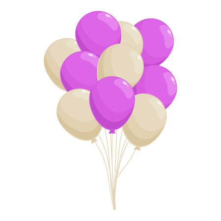 Bunch of purple and beige helium balloons floating with strings tied togetherのイラスト素材