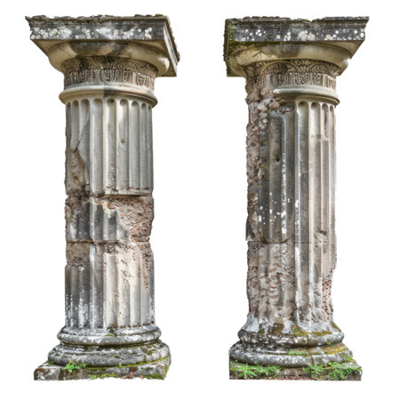 Two detailed ancient columns with intricate carvings and weathering, isolated for versatile useの素材