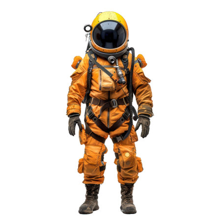 Full body image of an astronaut in orange space suit, suitable for various design backdropsの素材