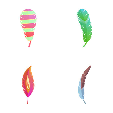 Colorful feather icons set cartoon vector. Vibrant multicolored feather. Accessory for decorationのイラスト素材