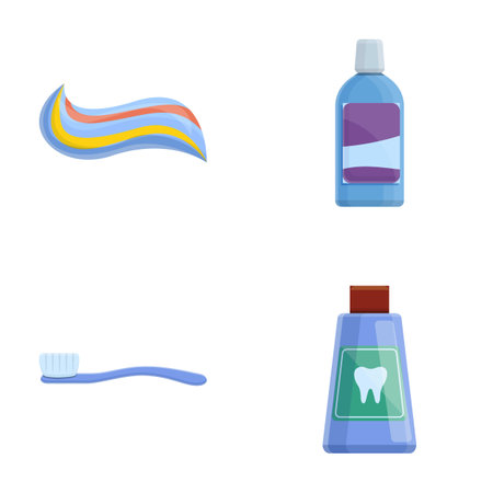 Teeth care icons set cartoon vector. Mouthwash, toothpaste and toothbrush. Oral care equipmentのイラスト素材