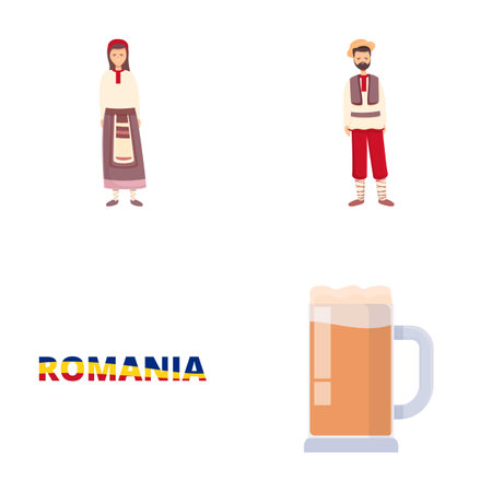 Romania icons set cartoon vector. Romanian people in national costume. Travel conceptのイラスト素材