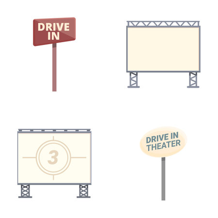 Outdoor movie icons set cartoon vector. Car cinema or drive movie in open air. Entertainment eventのイラスト素材