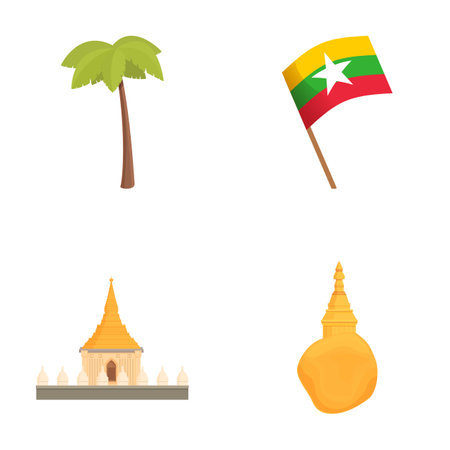 Myanmar symbol icons set cartoon vector. Republic of union of myanmar. Southeast asia countryのイラスト素材
