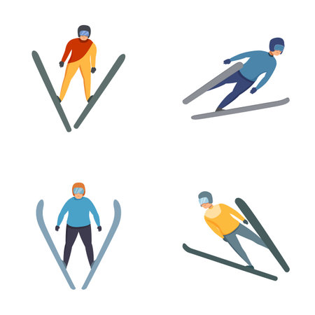 Jumping skier icons set cartoon vector. Ski jumping athlete. Winter sportのイラスト素材