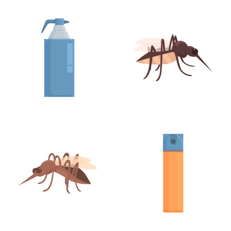 Illustration of a comprehensive pest control icon set for household insect extermination and management, featuring symbols for ant spray, insecticide bottle, and bug repellentのイラスト素材