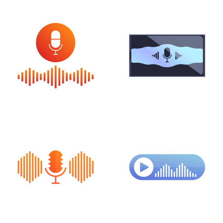 Four colorful audio related icons including microphones and sound wavesのイラスト素材