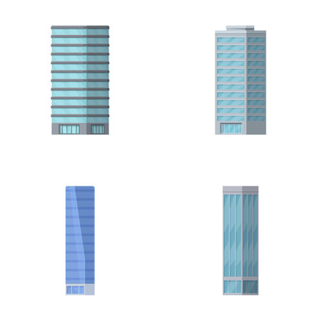 Four vector graphics depicting contemporary skyscraper designs with glass facadesのイラスト素材