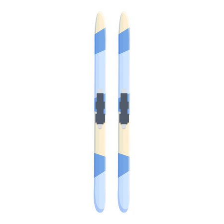 Pair of blue and white mountain skis are standing upright against a white backgroundのイラスト素材